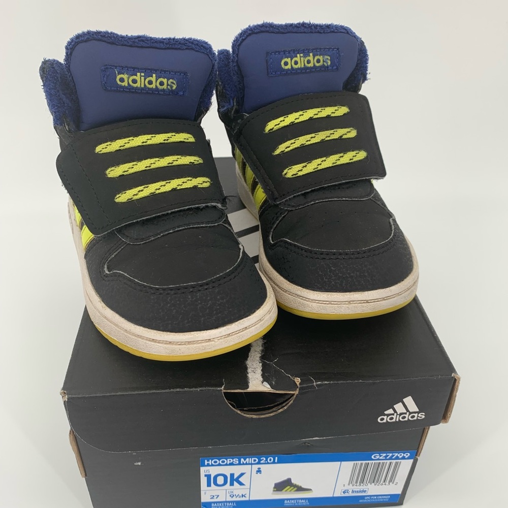 Adidas Hoops MIDI High Top Black and Yellow Fleece Lined Boy Sneakers Size 10 - Picture 8 of 9